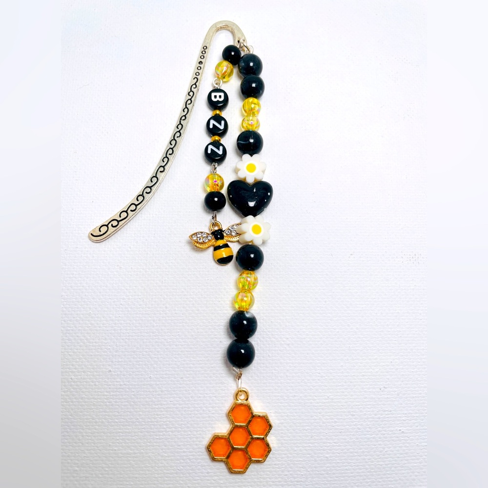 Handmade Bee Beaded Shepherd Hook Bookmark “Bzz” Black/Yellow